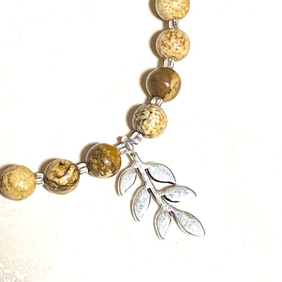 Jasper Stone Silver Leaf Branch Necklace, Genuine Gemstone Beaded Necklace - Picture 6 of 9